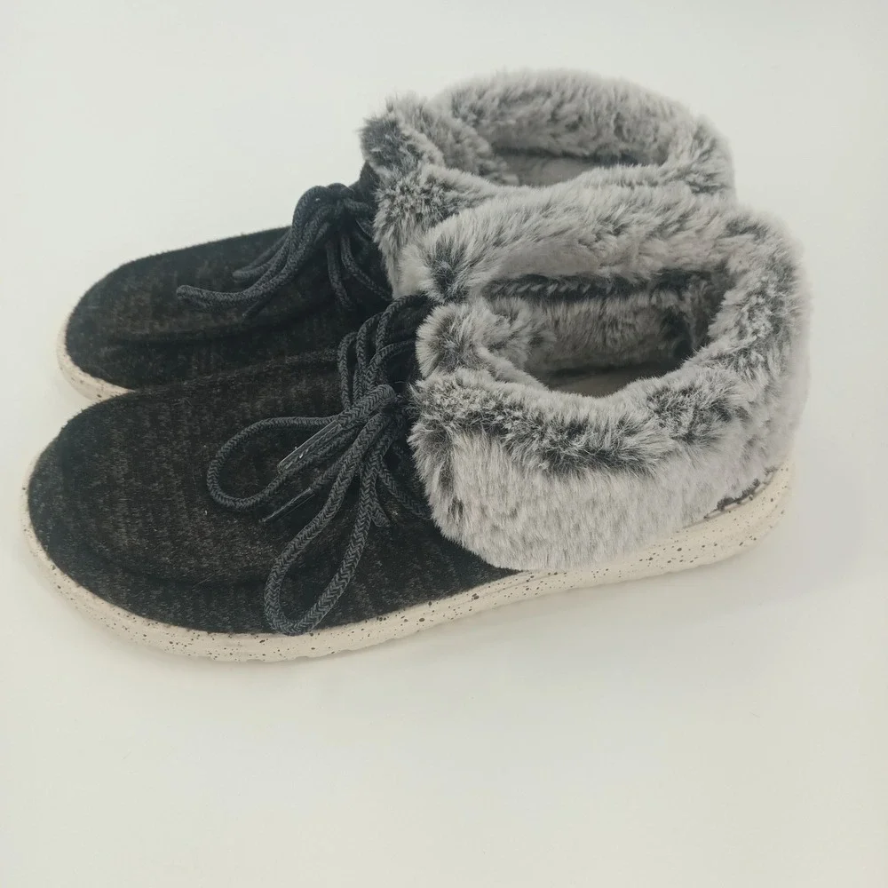 Hey Dude Wendy Fold Black Faux Fur Lined Slip On Loafers Womens Size 7 40471-001